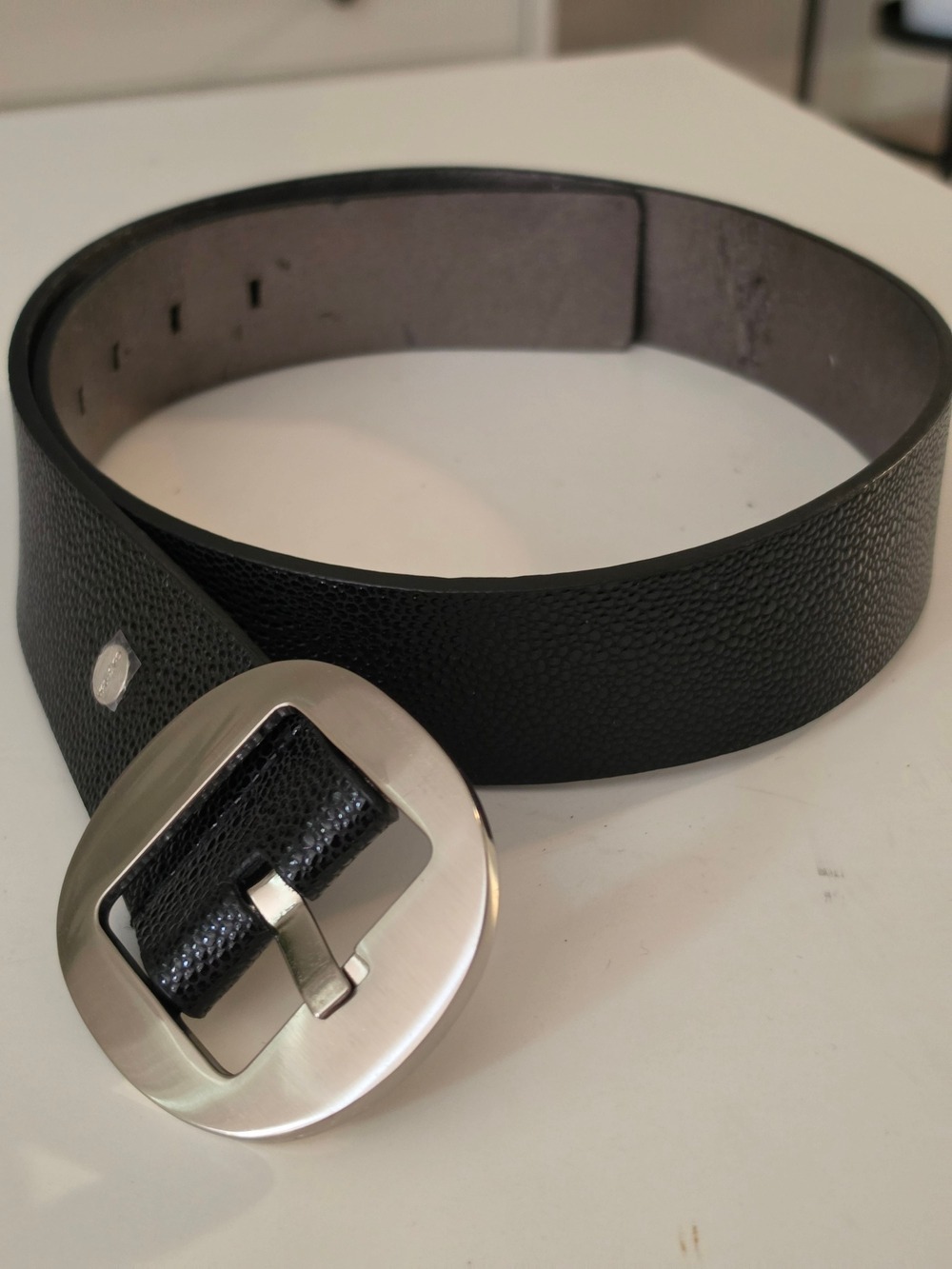 Calvin Klein Black Textured Synthetic Leather  Belt with Silver Buckle